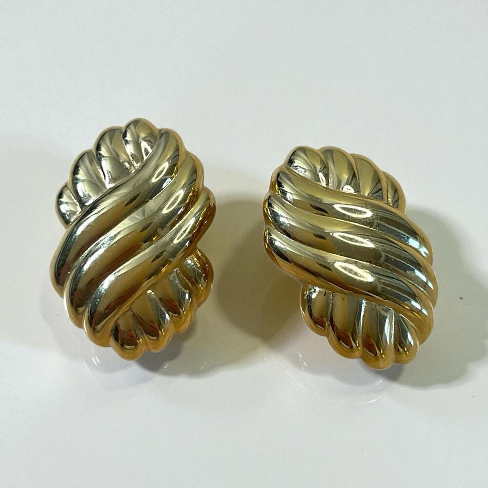 YSL Yves Saint Laurent Earrings Gold Tone Clip On Signed 1.25" x .75" Statement